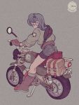  1girl 2019 bag belt bike_shorts blue_eyes blue_hair boots brown_footwear brown_gloves bulma dragon_ball dragon_ball_(classic) from_behind full_body gloves grey_background ground_vehicle highres jacket license_plate long_hair long_sleeves looking_at_viewer looking_back mirror motor_vehicle motorcycle on_motorcycle profile puffy_long_sleeves puffy_sleeves riding serious shorts_under_shorts simple_background solo star uzuta 