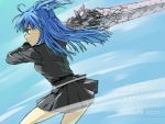  1girl ahoge blue_background blue_hair chiharu_(9654784) chtholly_nota_seniorious copyright_name floating_hair grey_jacket grey_skirt holding holding_sword holding_weapon jacket long_hair long_sleeves miniskirt pleated_skirt shuumatsu_nani_shitemasu_ka? skirt solo standing sword two_side_up weapon 