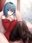  1girl :o armchair bangs blue_eyes blue_hair blush brown_legwear chair collarbone commentary_request cup dress eyebrows_visible_through_hair hair_between_eyes highres holding holding_cup indoors kinona legs_together long_hair long_sleeves mug no_shoes off-shoulder_dress off_shoulder on_chair original pantyhose parted_lips red_dress sitting sleeves_past_wrists soles solo steam thighband_pantyhose window 