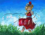  1girl blonde_hair blue_sky bright_pupils clouds contrapposto cowboy_shot cravat crystal dappled_sunlight day flandre_scarlet grin hair_between_eyes hands_on_own_face hat looking_at_viewer mob_cap outdoors petticoat psyren2 puffy_short_sleeves puffy_sleeves red_eyes red_skirt red_vest shirt short_hair short_sleeves side_ponytail skirt sky smile solo standing sunlight tall_grass teeth touhou vest white_pupils white_shirt wind wind_lift wings yellow_neckwear 