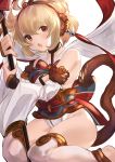  1girl :o andira_(granblue_fantasy) animal_ears antenna_hair bangs bare_shoulders barefoot blonde_hair blush bow breasts cleavage_cutout closed_eyes detached_sleeves eyebrows_visible_through_hair fur-trimmed_sleeves fur_trim granblue_fantasy highres holding holding_staff kneeling leotard long_sleeves looking_at_viewer maou_(maoudaisukiya) monkey_ears monkey_tail obi open_mouth red_bow red_eyes sash short_hair simple_background small_breasts solo staff tail tareme thigh-highs toeless_legwear two_side_up white_background white_legwear white_leotard wide_sleeves 