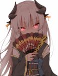  1girl bangs black_kimono commentary_request covering covering_breasts dark_skin dragon_horns eyebrows_visible_through_hair fan fate/grand_order fate_(series) folding_fan glowing glowing_eyes holding holding_fan horns japanese_clothes kamu_(geeenius) kimono kiyohime_(fate/grand_order) long_hair long_sleeves obi red_eyes sash silver_hair simple_background solo tassel tsurime upper_body white_background wide_sleeves 