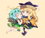  ! 2girls :t antennae bangs barefoot beige_background black_footwear black_hat blonde_hair blush boots butterfly_wings caramell0501 chibi clenched_hand closed_eyes commentary_request detached_sleeves dress eternity_larva eyebrows_visible_through_hair food green_dress green_skirt hand_up hat heart leaf long_hair long_sleeves matara_okina multiple_girls pocky pocky_kiss shared_food shirt short_hair simple_background skirt tabard touhou white_shirt wide_sleeves wings yellow_eyes yuri 