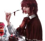  1girl blueberry bow bowtie buttons cake cape chocolate_cake dessert eating food food_in_mouth fruit highres long_sleeves looking_at_viewer medium_hair okazaki_yumemi raspberry realistic red_eyes redhead saliva strawberry tagme touhou touhou_(pc-98) whipped_cream white_background yuriya_(riyuclock_19) 