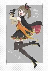  1girl 8mitsu :d blush_stickers boots brown_hair capelet cloak earrings elbow_gloves frilled_shirt_collar frilled_skirt frills gloves hat high_heel_boots high_heels hori_yuuko idolmaster idolmaster_cinderella_girls idolmaster_cinderella_girls_starlight_stage jewelry mini_hat open_mouth polka_dot polka_dot_background ponytail red skirt smile spoon thigh-highs vest 