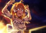  1girl ahoge anibache bangs commentary_request detached_sleeves dress earrings eyebrows_visible_through_hair flower hair_down hair_flower hair_ornament jewelry love_live! love_live!_sunshine!! love_live!_sunshine!!_the_school_idol_movie_over_the_rainbow orange_hair red_eyes short_hair sidelocks solo takami_chika tiara upper_body white_dress wrist_cuffs 