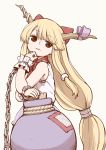  1girl bangs bare_arms bare_shoulders belt black_belt blonde_hair bow brown_eyes chains commentary_request cowboy_shot cuffs eyebrows_visible_through_hair gourd grey_background hair_bow hand_up head_tilt highres horn_ribbon horns ibuki_suika long_hair looking_at_viewer low-tied_long_hair oni oni_horns parted_lips poronegi purple_ribbon purple_skirt red_bow red_neckwear ribbon shackles shirt sidelocks simple_background skirt sleeveless sleeveless_shirt solo touhou very_long_hair white_shirt wrist_cuffs 