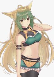  1girl absurdres ahoge animal_ears atalanta_(fate) bangs black_legwear blonde_hair breasts cat_ears cat_girl cat_tail choker fate/apocrypha fate/grand_order fate_(series) green_eyes green_hair highres long_hair looking_at_viewer medium_breasts miniskirt multicolored_hair navel simple_background skirt tail thigh-highs two-tone_hair very_long_hair white_background 