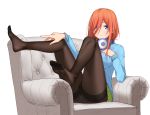  1girl 3: absurdres armchair black_legwear blue_cardigan blue_eyes blush breasts chair closed_mouth commentary feet frown full_body go-toubun_no_hanayome green_skirt gusset hair_over_one_eye hand_on_own_chest headphones headphones_around_neck highres legs_apart long_hair long_sleeves medium_breasts miniskirt nakano_miku panties panties_under_pantyhose pantyhose pleated_skirt qingchen_(694757286) redhead school_uniform simple_background sitting skirt soles solo thighband_pantyhose underwear white_background white_panties 