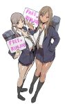  2girls blazer brown_hair commentary_request free_sex_sign full_body gyaru hand_in_pocket heart heart-shaped_pupils holding holding_sign jacket kogal loafers long_hair looking_at_viewer multiple_girls necktie original school_uniform shoes sign simple_background sketch skirt socks standing symbol-shaped_pupils tan twintails velzhe violet_eyes white_background 