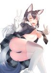  1girl absurdres animal_ears ass bangs black_hair blue_eyes blush breasts commentary_request eyebrows_visible_through_hair fang from_below fur_collar fur_trim gloves grey_wolf_(kemono_friends) hair_between_eyes heterochromia highres kemono_friends long_hair long_sleeves looking_at_viewer medium_breasts multicolored_hair necktie no_bra open_mouth panties plaid_neckwear simple_background skirt smile solo st.takuma tail thigh-highs two-tone_hair under_boob underwear v white_background white_hair wolf_ears wolf_girl wolf_tail yellow_eyes 