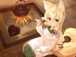  1girl animal_ears apron bangs blonde_hair blush brown_eyes burning closed_mouth copyright_request cura eyebrows_visible_through_hair fire firewood fox_ears fox_girl fox_tail from_above green_kimono hair_between_eyes hair_ribbon hand_up highres holding indoors japanese_clothes kappougi kimono lap_pillow_invitation long_hair long_sleeves looking_at_viewer looking_up mimikaki non-web_source puffy_long_sleeves puffy_sleeves red_ribbon ribbon seiza sitting smile solo tail teapot very_long_hair white_apron wooden_floor 