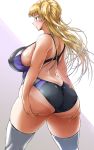  1girl arm_support ass bare_shoulders blonde_hair blue_eyes breasts butt_crack commentary_request competition_swimsuit covered_nipples curvy from_behind highres huge_ass large_breasts long_hair one-piece_swimsuit original pink_background plump shiina_nami solo swimsuit tan tanline thick_thighs thigh-highs thighs twintails white_background white_legwear 