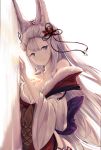  1girl against_wall animal_ears blush breasts cleavage erune eyeliner fox_ears fur_trim granblue_fantasy hair_between_eyes hair_ornament highres japanese_clothes kimono large_breasts long_hair looking_at_viewer makeup obi off_shoulder sash silver_hair smile socie_(granblue_fantasy) solo very_long_hair yukitourou 