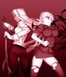  2girls ass back-to-back bangs belt breast_pocket breasts clenched_hand closed_mouth collared_shirt eyebrows_visible_through_hair false_arm false_limb fang fighting_stance glasses gloves hellsing holding holding_sword holding_weapon integra_hellsing kayama_(fukayama) large_breasts long_hair low_twintails military military_uniform miniskirt monochrome multiple_girls panties pants pantyshot pantyshot_(standing) pocket profile rapier red seras_victoria shirt short_hair skirt standing sword taut_clothes taut_shirt thigh-highs torn_clothes torn_legwear twintails underwear uniform v-shaped_eyebrows vampire weapon white_panties 