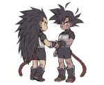  2boys ahoge armor black_eyes black_gloves black_hair breastplate child dragon_ball dragonball_z fingerless_gloves gloves handshake komebeimai long_hair monkey_tail multiple_boys raditz shaking short_hair simple_background spiky_hair standing sweat sweatdrop tail tight tullece turles turtleneck white_background 