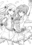  2girls :d arm_up assassins_pride breasts bridal_gauntlets double_bun eyebrows_visible_through_hair feathered_wings floating_hair flower frilled_skirt frills greyscale hair_between_eyes hair_ribbon highres holding_hand interlocked_fingers long_hair looking_at_viewer merida_angel miniskirt monochrome multiple_girls ninomoto novel_illustration official_art open_mouth pleated_skirt ribbon rose sarasha_sikzar shiny shiny_hair skirt small_breasts smile standing thigh-highs wings zettai_ryouiki 