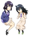  2girls backpack bag black_hair black_legwear blazer cardigan hair_tie jacket kuroki_tomoko loafers long_hair long_skirt low_twintails multiple_girls necktie orikuchi_hirata pantyhose pleated_skirt school_briefcase school_uniform shirt shoes simple_background skirt socks tamura_yuri twintails violet_eyes watashi_ga_motenai_no_wa_dou_kangaetemo_omaera_ga_warui! white_background white_legwear white_shirt 