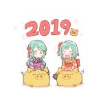  2019 2girls :d ^_^ aqua_hair bang_dream! blush bow bowwow_(hamju94) chinese_zodiac closed_eyes closed_eyes floral_print flower geta green_eyes hair_bow hair_flower hair_ornament hikawa_hina hikawa_sayo japanese_clothes kimono multiple_girls new_year notice_lines obi open_mouth orange_kimono pig purple_kimono red_flower sash siblings side_braids sisters sitting_on_animal smile solo twins white_background year_of_the_pig yellow_bow 