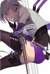  1girl bangs belt black_gloves black_shirt boots breasts character_name cross-laced_footwear detached_sleeves eyebrows_visible_through_hair girls_frontline gloves grey_hair gun handgun holding holding_bullet holding_gun holding_weapon lace-up_boots light_smile looking_at_viewer multicolored_hair purple_hair purple_shorts reroi shirt short_hair shorts sidelocks silver_hair sleeveless sleeveless_shirt solo streaked_hair thigh-highs thigh_boots thompson/center_contender thompson/center_contender_(girls_frontline) violet_eyes weapon 