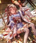  1girl :d animal_print bird_print blush brown_hair company_name gold_trim hair_ornament indoors japanese_clothes liiko long_hair official_art open_mouth red_eyes shingeki_no_bahamut sitting smile solo thigh-highs white_legwear wide_sleeves 