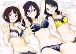  3girls :d absurdres armpits arms_up black_hair blue_bra blue_eyes blue_panties bra breasts brown_hair cleavage glasses hibike!_euphonium highres kurashima_tomoyasu lying medium_breasts mole mole_under_eye multiple_girls nakaseko_kaori navel ogasawara_haruka on_back open_mouth outstretched_hand over-rim_eyewear panties parted_lips purple_hair red-framed_eyewear scan semi-rimless_eyewear short_hair short_twintails smile tanaka_asuka twintails underwear underwear_only violet_eyes white_bra white_panties yellow_bra yellow_eyes yellow_panties 