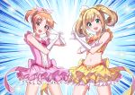  2girls :d abe_nana bangs blonde_hair blush bow bowtie brown_eyes brown_hair choker collarbone crop_top elbow_gloves eyebrows_visible_through_hair gloves green_eyes hair_bow heart heart_hands heart_hands_duo idolmaster idolmaster_cinderella_girls long_hair looking_at_viewer magical_girl midriff miniskirt multiple_girls navel open_mouth orange_neckwear pink_bow pink_skirt pleated_skirt red_bow red_neckwear satou_shin shiny shiny_hair skirt smile standing stomach sutoroa swept_bangs twintails white_gloves yellow_bow yellow_skirt 
