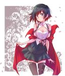  1girl adapted_costume bare_shoulders black_hair black_skirt breasts cape cleavage cleavage_cutout gradient_hair grey_eyes highres iesupa looking_at_viewer medium_breasts multicolored_hair off_shoulder print_legwear red_cape redhead ruby_rose rwby shirt short_hair skirt sleeveless sleeveless_shirt solo thigh-highs two-tone_hair white_shirt 