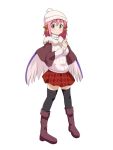  1girl alternate_costume animal_ears bird_wings black_legwear boots brown_capelet brown_footwear capelet cato_(monocatienus) commentary earrings eyebrows_visible_through_hair full_body fur_collar hat jewelry knee_boots long_hair long_sleeves mystia_lorelei pink_eyes pink_hair red_skirt ribbed_sweater simple_background skirt solo sweater thigh-highs touhou white_background white_hat white_sweater wings winter_clothes zettai_ryouiki 