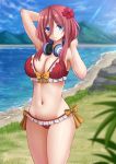  1girl arm_up bangs beach bikini blue_eyes blue_sky blurry blurry_background blush bow breasts brown_hair cleavage closed_mouth clouds commentary day depth_of_field eyebrows_visible_through_hair flower frilled_bikini frills go-toubun_no_hanayome hair_between_eyes hair_flower hair_ornament hand_behind_head hand_up head_tilt headphones headphones_around_neck highres kazenokaze lake large_breasts long_hair mountain nakano_miku navel orange_bow outdoors red_bikini red_flower sand sky smile solo standing swimsuit water 