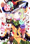  1girl :q absurdres arms_up black_neckwear blouse blush cherry commentary_request food frilled_shirt_collar frilled_sleeves frills fruit green_eyes green_hair green_skirt hat hat_ribbon heart heart_of_string highres holding ice_cream ice_cream_cone komeiji_koishi long_sleeves looking_at_viewer ribbon shirt short_hair simple_background skirt solo tongue tongue_out touhou umemaro_(siona0908) untucked_shirt upper_body waffle_cone white_background wide_sleeves yellow_blouse 