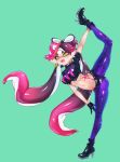  1girl aori_(splatoon) black_gloves boots crop_top earrings fangs food food_on_head gloves gluteal_fold hair_ornament high_heel_boots high_heels highres jewelry jtveemo leg_lift leg_up legwear_under_shorts long_hair looking_at_viewer navel nintendo object_on_head open_mouth pantyhose pointy_ears puffy_short_sleeves puffy_sleeves purple_hair purple_legwear short_shorts short_sleeves shorts simple_background smile solo splatoon splatoon_(series) splatoon_2 stomach symbol-shaped_pupils tattoo thong very_long_hair yellow_eyes 