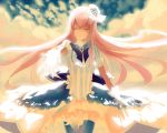  1girl blue_neckwear blue_sky bow bowtie bracelet chinese_commentary closed_eyes clouds cloudy_sky commentary cowboy_shot double_lariat_(vocaloid) dress frilled_skirt frills gloves hair_ornament jewelry kidlove0102 light_smile long_hair megurine_luka pink_hair puffy_short_sleeves puffy_sleeves reaching_out short_sleeves skirt sky solo straight_hair striped striped_dress sunlight thigh-highs very_long_hair vocaloid white_gloves 