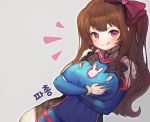  1girl :q annyeongbangawo blue_bodysuit bodysuit bow breast_hold breasts brown_hair character_request cosplay d.va_(overwatch) d.va_(overwatch)_(cosplay) grey_background hair_bow large_breasts long_hair looking_at_viewer maplestory maplestory_2 overwatch pink_bow simple_background smile solo tongue tongue_out twintails violet_eyes 