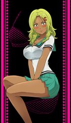  1girl aiura_mikoto awa black_eyes blonde_hair blush bra breasts cleavage dark_skin green_sailor_collar green_skirt gyaru hair_ornament hairclip highres invisible_chair large_breasts long_hair looking_at_viewer miniskirt panties pleated_skirt saiki_kusuo_no_psi_nan sailor_collar school_uniform sitting skirt smile solo star star_print underwear 