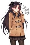  1girl arm_behind_back bangs beige_coat black_hair black_legwear black_ribbon black_skirt blush breasts casual coat commentary_request duffel_coat fate/grand_order fate_(series) hair_ribbon hand_up highres ishtar_(fate/grand_order) korean korean_commentary long_hair long_sleeves looking_away miniskirt ndgd pantyhose pleated_skirt pocket raised_eyebrow red_eyes ribbon shiny shiny_hair shiny_legwear shirt shy sidelocks simple_background skirt solo standing translation_request two_side_up very_long_hair white_background white_shirt winter_clothes winter_coat 