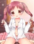  1girl :d bangs barefoot blurry blurry_background blush bow bow_bra bow_panties bra brown_eyes brown_hair collared_shirt commentary_request depth_of_field dress_shirt eyebrows_visible_through_hair gochuumon_wa_usagi_desu_ka? hair_grab indoors long_sleeves natsu_megumi navel open_mouth panties parted_bangs pink_bra pink_panties rikatan shirt sidelocks sitting smile solo twintails underwear wariza white_shirt 