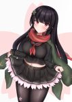  1girl bangs belt belt_buckle black_hair black_legwear black_sailor_collar black_serafuku black_shirt black_skirt blunt_bangs blush breasts buckle closed_mouth commentary_request cowboy_shot eyebrows_visible_through_hair girls_frontline green_jacket hair_ornament highres jacket jacket_on_shoulders large_breasts long_hair long_sleeves miniskirt navel neckerchief nezumi7983 pantyhose pleated_skirt red_neckwear red_scarf sailor_collar scarf school_uniform serafuku shirt skirt skirt_hold sleeve_cuffs smile solo straight_hair two-tone_background type_100_(girls_frontline) violet_eyes 