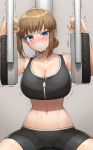  1girl blue_eyes blush breasts brown_hair cleavage clenched_teeth commentary_request cowboy_shot exercise_machine grey_background hair_bun large_breasts looking_at_viewer navel original pyz_(cath_x_tech) shorts sidelocks simple_background sitting solo sports_bra sweat teeth zipper 