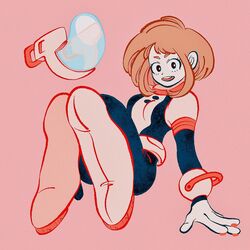  1girl bangs bodysuit boku_no_hero_academia boots breasts brown_eyes brown_hair floating gloves highres knees_up looking_at_viewer multicolored multicolored_bodysuit multicolored_clothes open_mouth pink_background short_hair simple_background solo uraraka_ochako uzuta white_footwear 