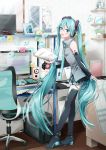  1girl absurdres agonasubi aqua_eyes aqua_hair bangs bare_shoulders belt blush book chair clock commentary computer computer_tower desk detached_sleeves figure folder from_side full_body gatebox hair_between_eyes hatsune_miku headphones highres holding holding_book instrument keyboard_(computer) leaning_forward long_hair mouse musical_note necktie photo_(object) piano picture_frame shelf skirt smile solo speaker spoken_musical_note spring_onion standing sticky_note thigh-highs twintails very_long_hair vocaloid zettai_ryouiki 