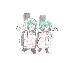  2girls bang_dream! black_pants blush bow bowwow_(hamju94) breath breathing_on_hands closed_eyes coat cold full_body fur-trimmed_hood green_hair guitar_case hair_bow hands_in_pockets hikawa_hina hikawa_sayo hood hood_down hood_up instrument_case long_sleeves multiple_girls pants short_hair siblings simple_background sisters trembling twins walking white_background white_coat winter winter_clothes yellow_bow 