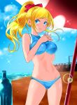  1girl ayase_eli beach beach_umbrella bikini blonde_hair blue_bikini blue_eyes blue_sky blurry bottle breasts clouds commentary_request contrapposto day depth_of_field hair_ribbon hands_clasped highres large_breasts lens_flare long_hair looking_at_viewer love_live! love_live!_school_idol_project outdoors own_hands_together ponytail red_ribbon ribbon sky smile solo solo07450075 standing swimsuit tank_top tankini umbrella 