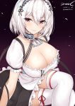  1girl apron azur_lane bangs bare_arms black_background black_choker black_dress blush breasts choker cleavage closed_mouth dated dress eyebrows_visible_through_hair frilled_choker frilled_dress frills gradient gradient_background hair_between_eyes knee_up large_breasts legs_crossed looking_at_viewer maid_apron maid_headdress red_eyes short_hair short_sleeves signature sirius_(azur_lane) sitting solo thigh-highs twitter_username unel white_apron white_hair white_legwear 