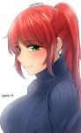  1girl blush breasts commentary english_commentary eyebrows_visible_through_hair green_eyes highres large_breasts long_hair nas_(z666ful) ponytail pyrrha_nikos redhead rwby very_long_hair 