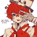  1boy black_eyes coat english_text fukase hat highres looking_at_viewer male_focus mini_flag mismatched_sclera nufisu redhead simple_background solo tongue tongue_out top_hat vocaloid white_background white_coat 