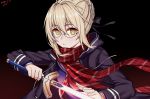  1girl ahoge artoria_pendragon_(all) black_background black_jacket black_ribbon blue_serafuku blue_shirt braided_bun excalibur eyebrows_visible_through_hair fate/grand_order fate_(series) hair_between_eyes hair_ribbon highres holding holding_sword holding_weapon hood hooded_jacket jacket mysterious_heroine_x_(alter) neckerchief open_clothes open_jacket red_neckwear red_scarf ribbon sailor_collar scarf school_uniform serafuku shiny shiny_hair shirt short_hair sidelocks silver_hair solo sword upper_body weapon white_sailor_collar yellow_eyes zui_ai_shuang_mawei 