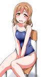 1girl bangs between_legs blue_swimsuit blush breath brown_eyes brown_hair chair collarbone commentary_request competition_school_swimsuit hand_between_legs kunikida_hanamaru long_hair looking_at_viewer love_live! love_live!_sunshine!! one-piece_swimsuit open_mouth school_chair school_swimsuit sitting solo swimsuit wet white_background yellow_eyes yopparai_oni 