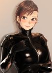  1girl arm_under_breasts blush bodysuit breasts brown_eyes brown_hair elbow_gloves gimp_suit gloves halterneck hand_on_own_chest highres kilye_4421 large_breasts latex_bodysuit lips original shadow short_hair simple_background skin_tight smile solo tsurime zipper 