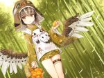  1girl :&lt; bamboo bamboo_forest blush brown_eyes brown_feathers brown_hair brown_hat brown_kimono copyright_request cura day dutch_angle fanbox_reward feathered_wings feathers food forest fruit goggles goggles_on_headwear grey_wings hat highres holding holding_food japanese_clothes kimono long_sleeves mandarin_orange multicolored_hair nature net outdoors paid_reward parted_lips short_hair short_kimono sidelocks sleeves_past_wrists solo standing streaked_hair triangle_mouth white_hair wide_sleeves wings 